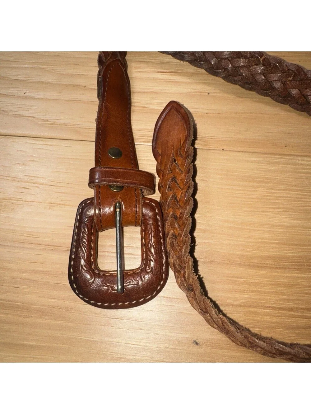 Vintage Leegin Braided Leather Belt Western Tooled Buckle Brown Size L 35”